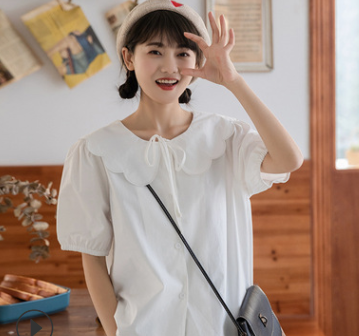 2021新款春夏荷叶领刺绣泡泡袖纯色棉短袖T恤女日系宽松甜美女装图3