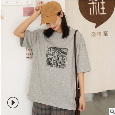 2021春夏新款日系印花圆领套头棉质T恤女韩版宽松五分袖中袖上衣图2