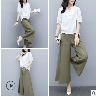 棉麻休闲套装女2021夏季新款韩版洋气宽松显瘦亚麻阔腿裤裙两件套图1