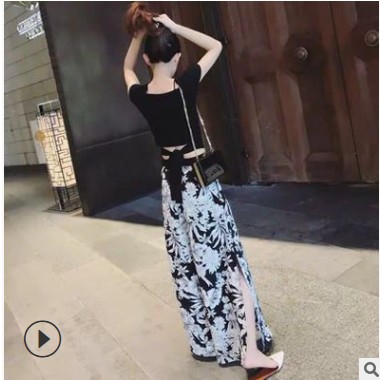 海边度假网红同款套装女夏阔腿裤两件套雪纺高腰大脚裤开叉裙裤潮图1