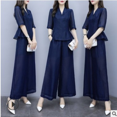 阔腿裤套装夏2021新款修身显瘦时尚洋气时髦网红女神范棉麻两件套图3