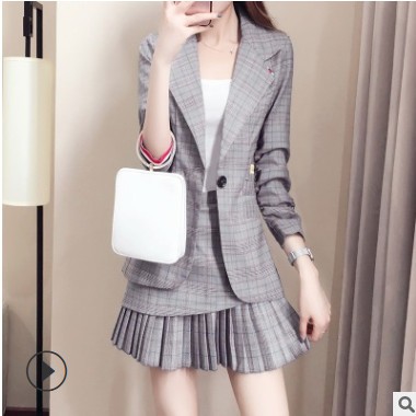 格子小西装套装女2020早秋装新款名媛气质女神百褶裙子两件套洋气图2