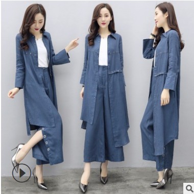 女士春装2020新款时尚套装休闲牛仔两件套不规则衬衫阔腿裤气质潮图3