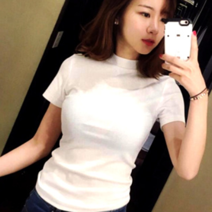 批发新款白色半高领短袖T恤女夏 纯色韩版修身打底衫紧身显胸上衣图2
