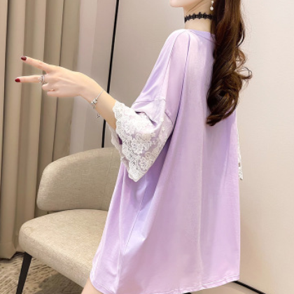 2021夏季韩版新款中长款蕾丝短袖t恤女字母亮片上衣圆领大码女装图3
