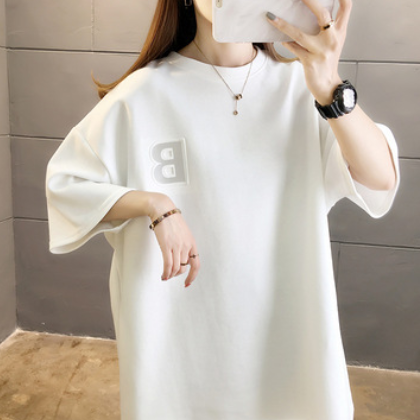 2021新款夏季韩版短袖t恤女凹凸反光圆领上衣时尚中长款大码女装图2