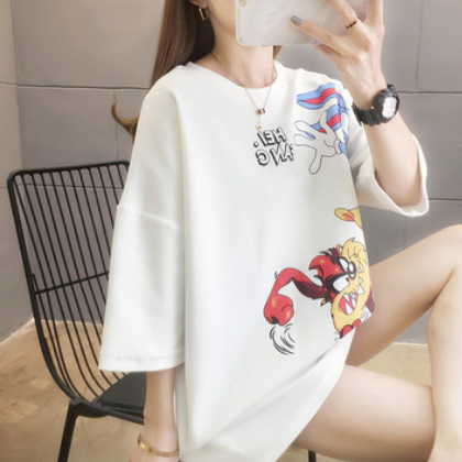 外贸批发2021新款夏季短袖t恤女韩版圆领卡通上衣中长款时尚女装图3