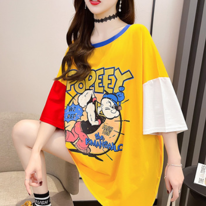 2021夏季韩版新款前后印花短袖t恤女撞色圆领上衣时尚大码女装潮图2