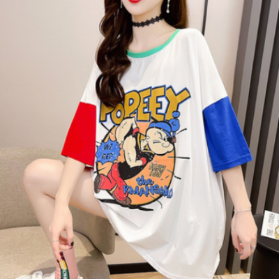2021夏季韩版新款前后印花短袖t恤女撞色圆领上衣时尚大码女装潮