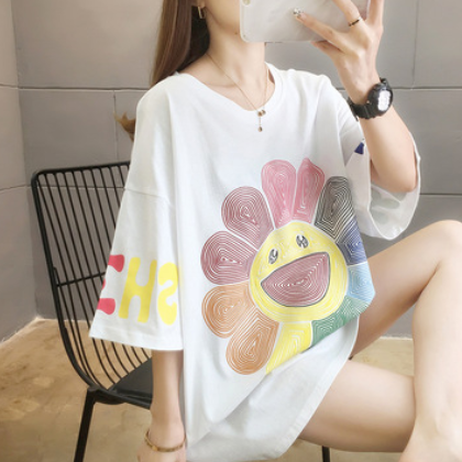 2021新款夏季短袖t恤女韩版圆领印花上衣中长款时尚大码女装批发