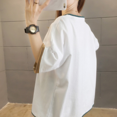 2021夏季韩版新款纯棉短袖t恤女卡通刺绣拼色上衣潮时尚大码女装