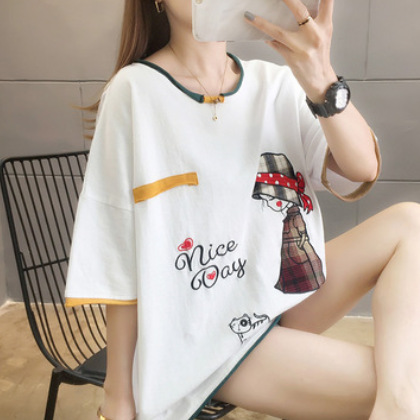 2021夏季韩版新款纯棉短袖t恤女卡通刺绣拼色上衣潮时尚大码女装图2