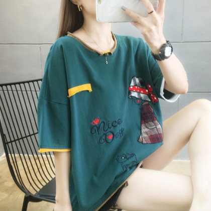 2021夏季韩版新款纯棉短袖t恤女卡通刺绣拼色上衣潮时尚大码女装图3