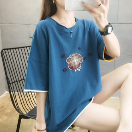 2021夏季韩版新款纯棉短袖t恤女刺绣卷边拼色上衣女时尚大码女装图3