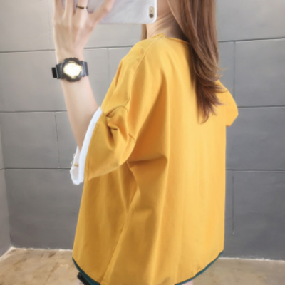 2021夏季韩版新款纯棉短袖t恤女刺绣卷边拼色上衣女时尚大码女装
