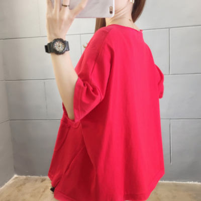2021夏季韩版新款纯棉短袖t恤女卡通印花卷领上衣时尚大码女装潮
