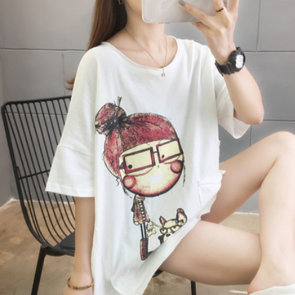 2021夏季韩版新款纯棉短袖t恤女卡通印花卷领上衣时尚大码女装潮图3