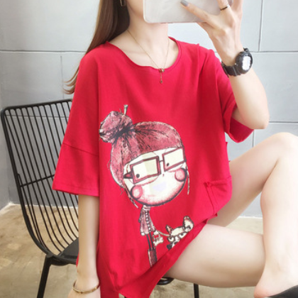 2021夏季韩版新款纯棉短袖t恤女卡通印花卷领上衣时尚大码女装潮图2