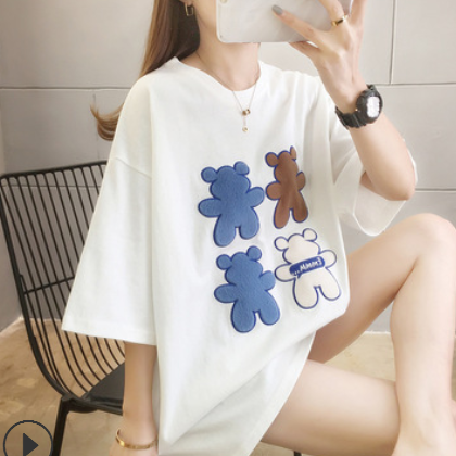 2021新款夏季短袖t恤女韩版卡通绣花上衣中长款圆领女装一件代发图2