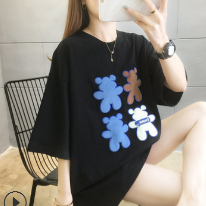 2021新款夏季短袖t恤女韩版卡通绣花上衣中长款圆领女装一件代发图3
