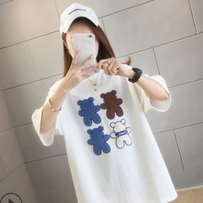 2021新款夏季短袖t恤女韩版卡通绣花上衣中长款圆领女装一件代发