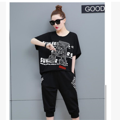 休闲运动服套装女夏2021新款韩版时尚短袖七分裤大码印花两件套夏图2