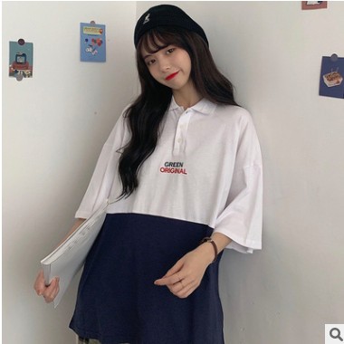 字母刺绣撞色短袖T恤女中长款ins超火韩版宽松显瘦百搭上衣潮批发图3