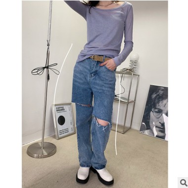 2021韩版ins春秋浅蓝牛仔裤 破洞街头宽松阔腿直筒裤子贴布设计图2