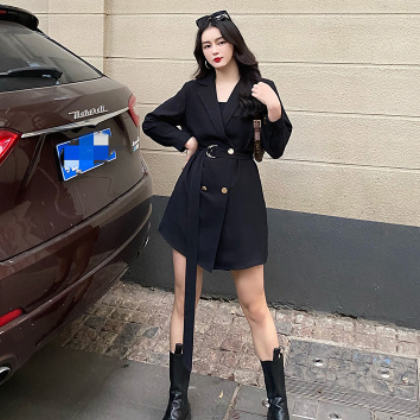 355大码女装春装连衣裙胖妹妹收腰显瘦大码西装衬衫两穿有腰带图2