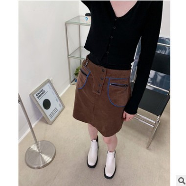 韩版ins棕色条绒短裙裤灯芯绒设计性感拼接半身短裤a字拉链扣裙子图2