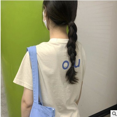 2021韩版Aeiou棉休闲T恤简约纯色圆领套头五分短袖印花款上衣女图1