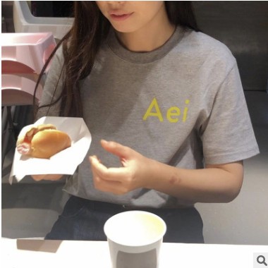 2021韩版Aeiou棉休闲T恤简约纯色圆领套头五分短袖印花款上衣女图3