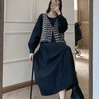 358大码女装春装连衣裙套装微胖连衣裙马甲两件套韩版收腰显瘦裙图2