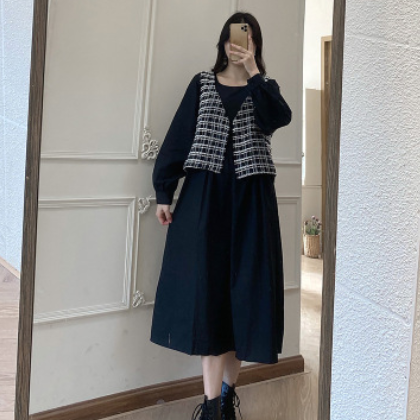 358大码女装春装连衣裙套装微胖连衣裙马甲两件套韩版收腰显瘦裙