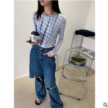 扎染长袖春秋韩版T恤女圆领竖条纹褶皱设计修身显瘦内搭打底衫图3
