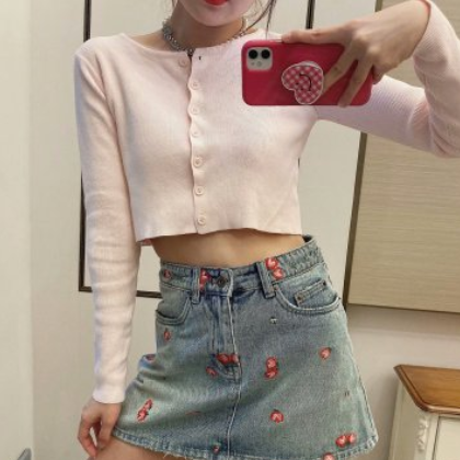 FJDE112 21新款欧美时尚宽松短款排扣式长袖针织T恤 7色图3