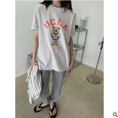 东大门圆领UCLA小熊印花短袖T恤女ins新款韩版休闲宽松白色上衣女图1