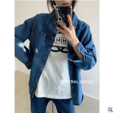 are U shop牛仔内搭衬衫女韩版宽松设计感叠穿休闲小翻领上衣图1
