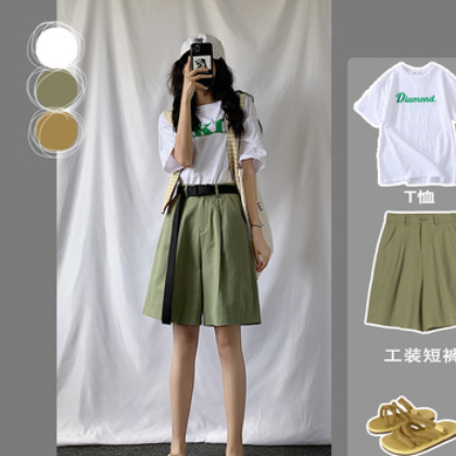 工装短裤女2021春夏薄款高腰显瘦休闲舒适宽松时尚A字阔腿五分裤图2