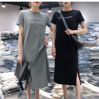 短袖连衣裙女春秋装休闲遮肚大码宽松中长款过膝打底T恤裙子夏季图3
