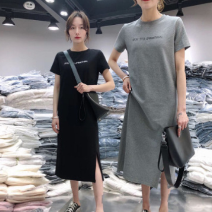 短袖连衣裙女春秋装休闲遮肚大码宽松中长款过膝打底T恤裙子夏季图2
