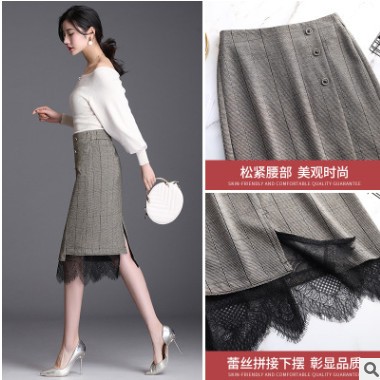 格子半身裙中长女2020新款春秋拼接蕾丝不规则包臀大码一步裙图1