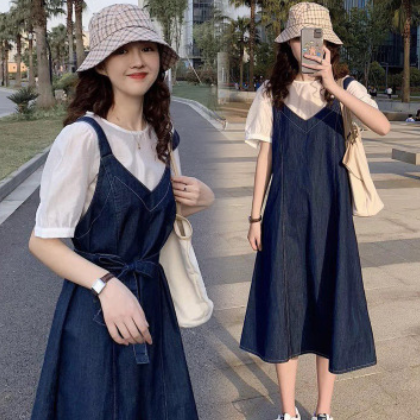 夏装新款两件套连衣裙牛仔大码胖mm背带裙胖妹妹显瘦洋气套装女潮