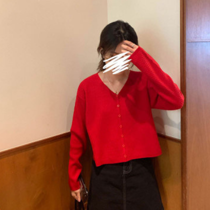 韩版2021秋冬新款女装宽松慵懒风长袖短款V领针织外套毛衣女开衫图2