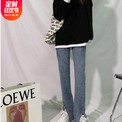 前开叉牛仔裤女2021春季新款高腰显瘦直筒拖地阔腿分叉微喇叭裤图3