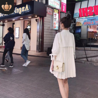 夏装复古休闲宽松中长款白色洋气衬衫女文艺娃娃衫百褶衬衣连衣裙图3