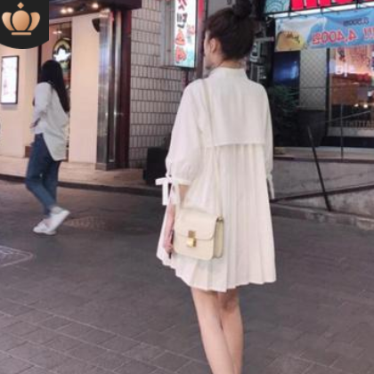 夏装复古休闲宽松中长款白色洋气衬衫女文艺娃娃衫百褶衬衣连衣裙图2