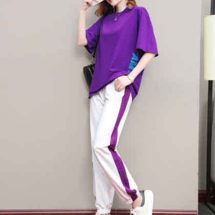 时尚休闲运动套装2021夏季新款字母宽松大码女装运动跑步服两件套图3