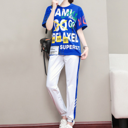 时尚休闲运动套装2021夏季新款字母宽松大码女装运动跑步服两件套图1