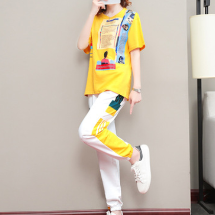 时尚休闲运动套装2021夏季新款字母宽松大码女装运动跑步服两件套图2